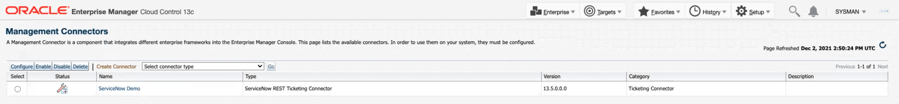 ServiceNow Management Connectors Page