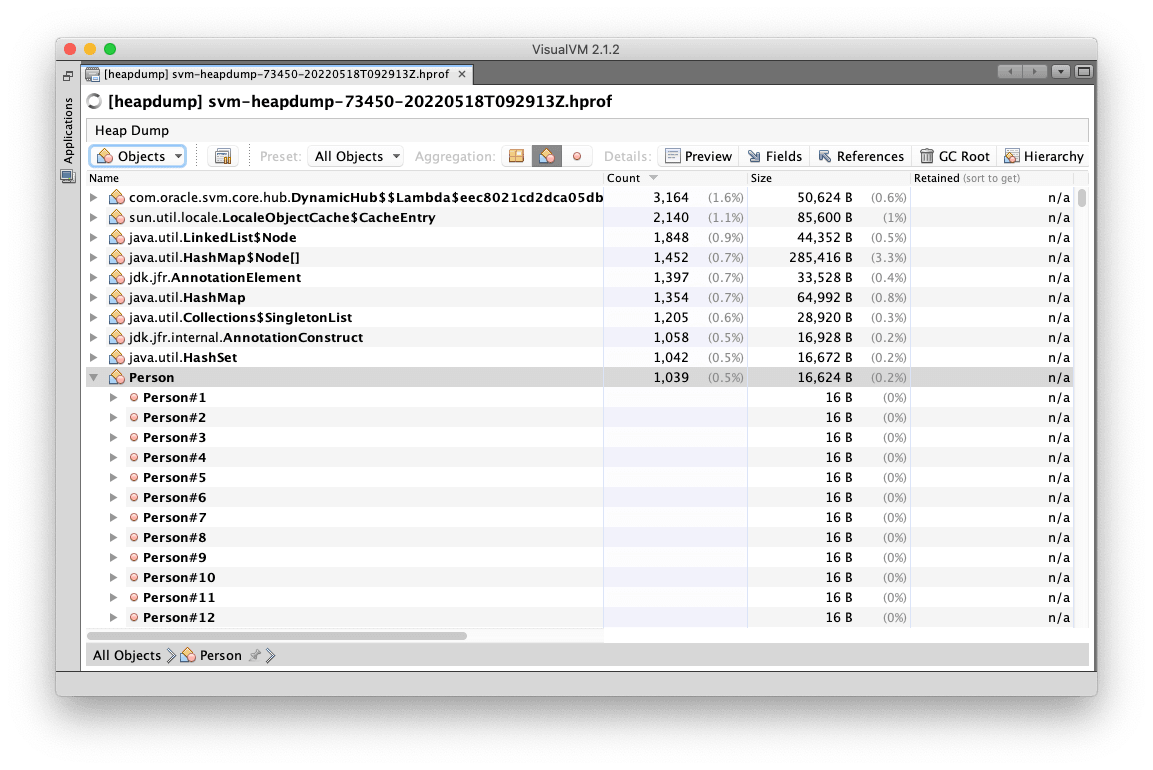 Native Image Heap Dump View in VisualVM