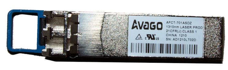 This picture shows a 10 Gigabit SFP+ single mode transceiver.