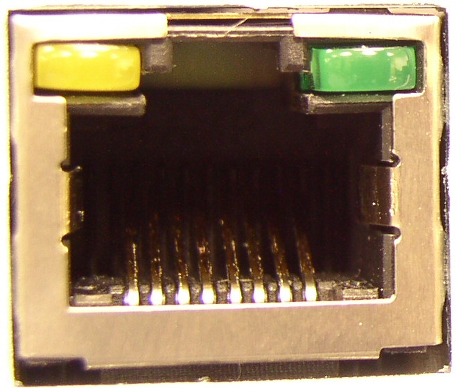 This image shows the integrated LEDs that each ethernet jack has.