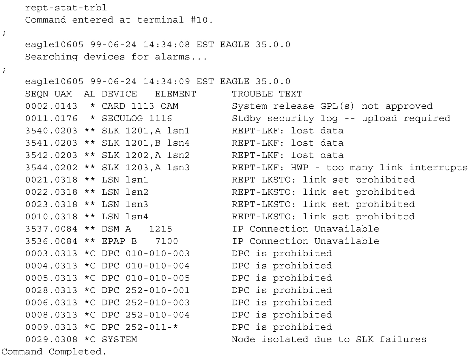 rept-stat-trbl Command Output Example rept-stat-trbl Command Output Example