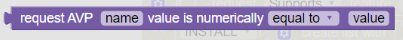 The screen capture shows a sample policy condition, where the request AVP name value is numerically equal to value.