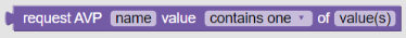 The screen capture shows a sample policy condition, where the request AVP name value contains one of value(s). The screen capture shows a sample policy condition, where the request AVP name value contains one of value(s).