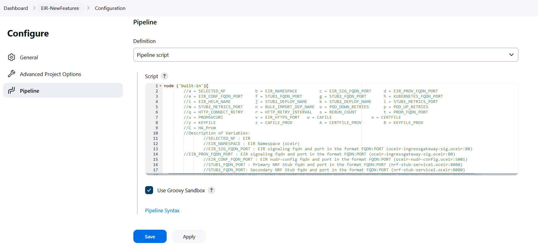 EIR NewFeatures Pipeline Configuration