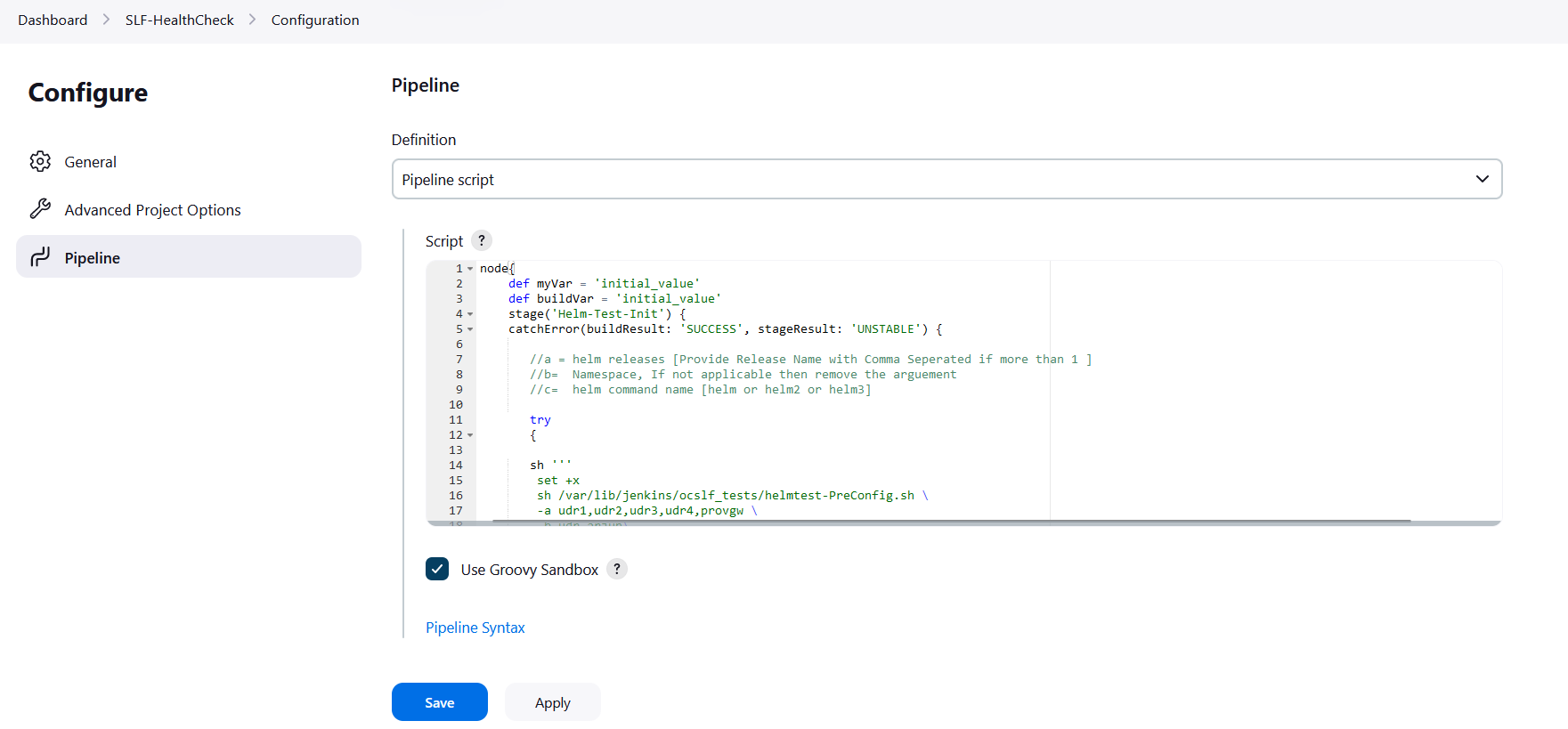 SLF-HealthCheck Pipeline configuration