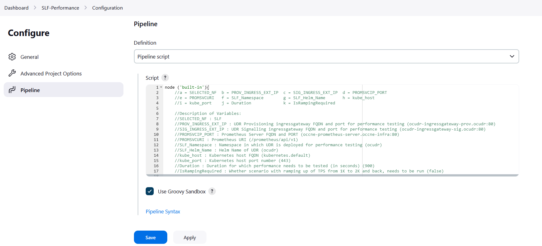 SLF-Performance Pipeline Configuration