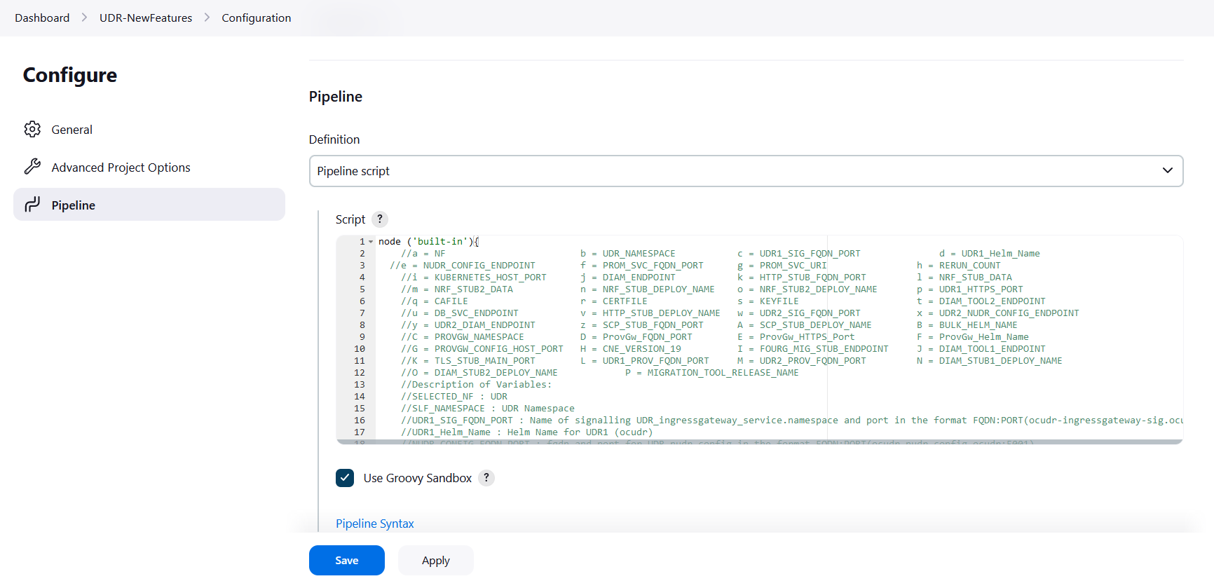 UDR NewFeatures Pipeline Configuration