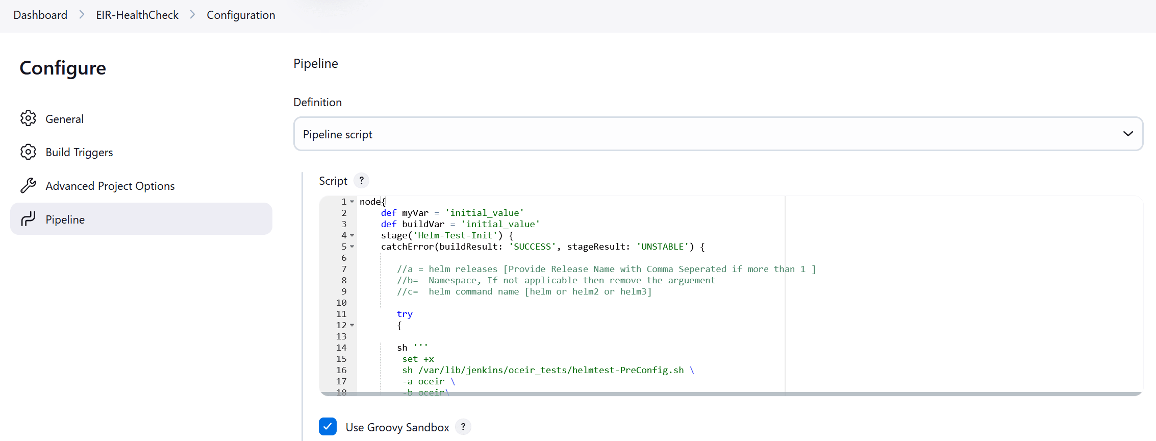 EIR-HealthCheck Pipeline configuration