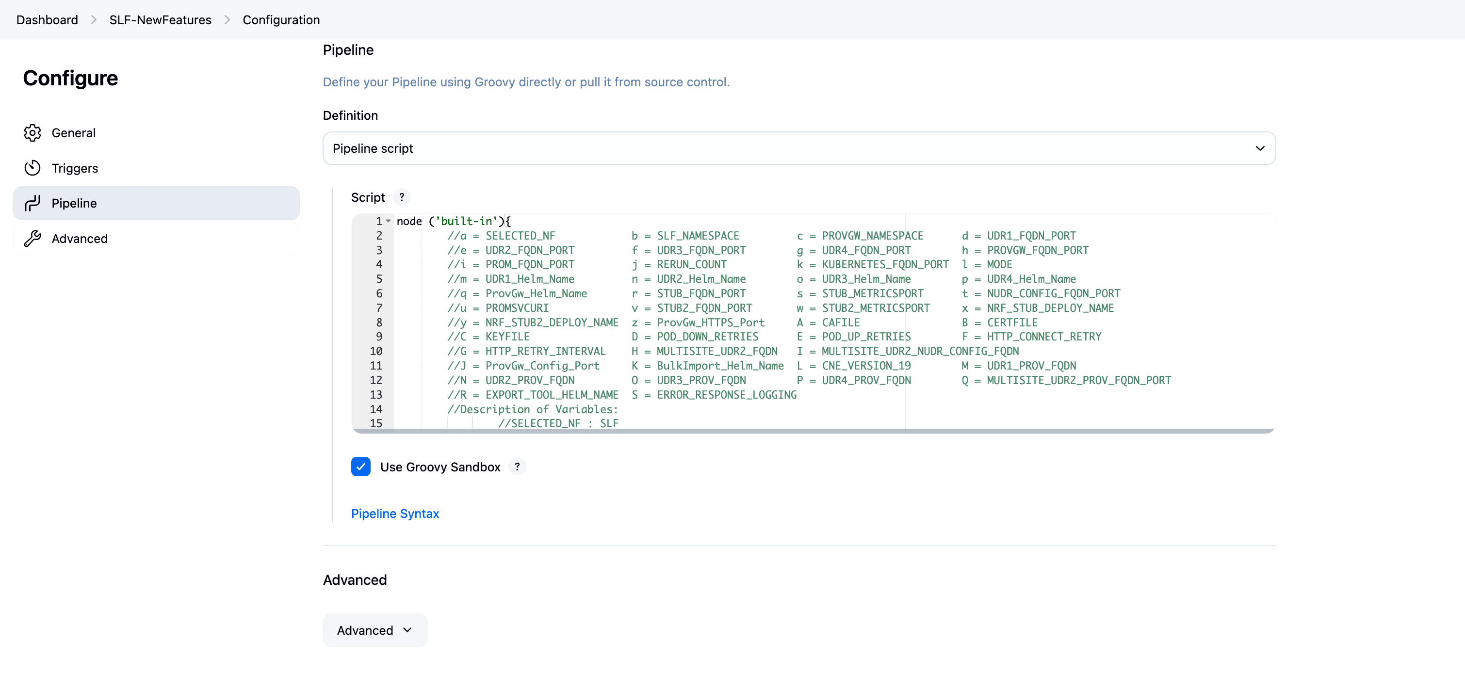 SLF Configuration page