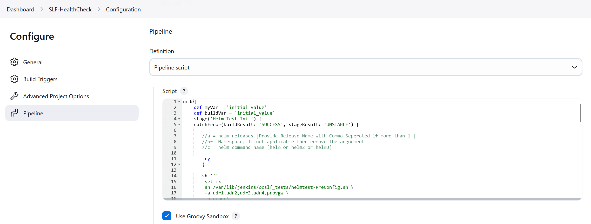 SLF-HealthCheck Pipeline configuration