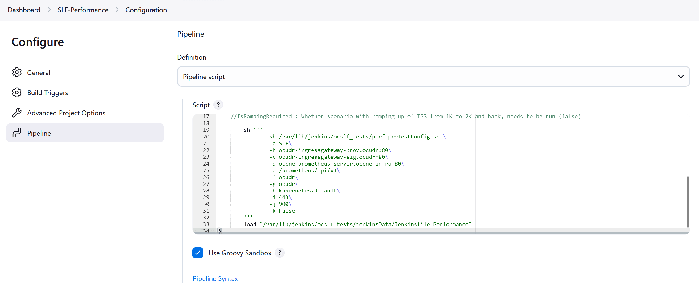 SLF-Performance Pipeline Configuration