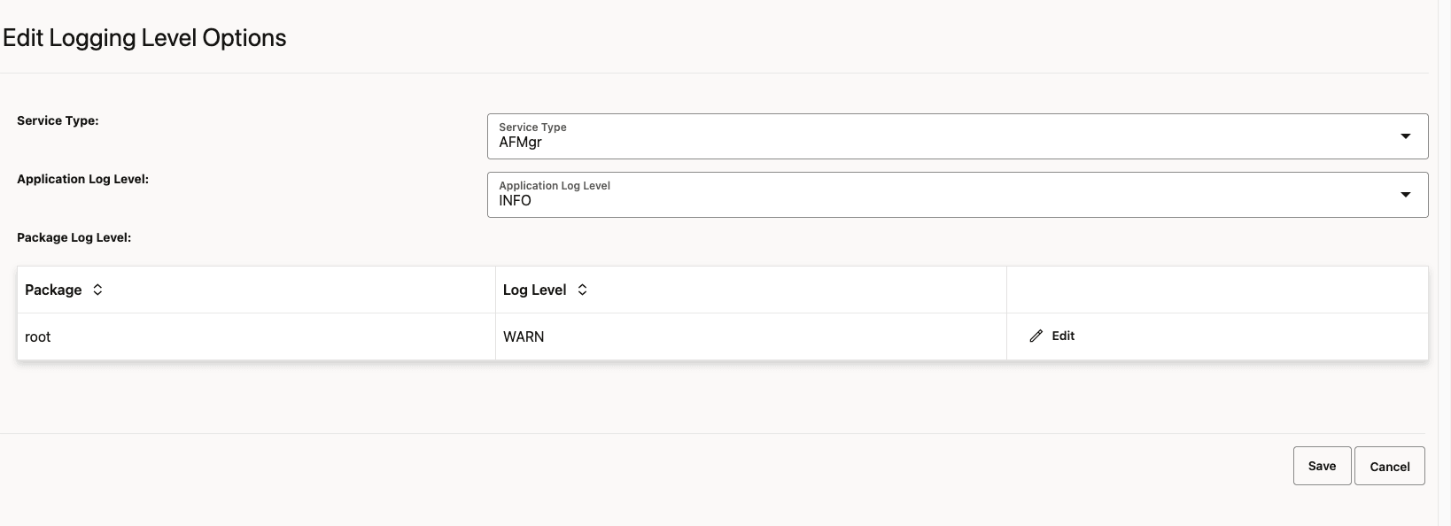 Edit Logging Level Options