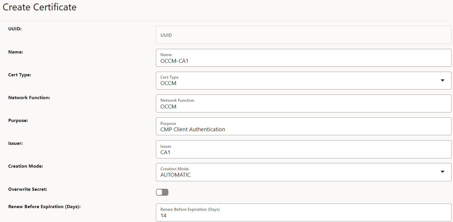 OCCM Certificate Configuration using Pre-shared Key