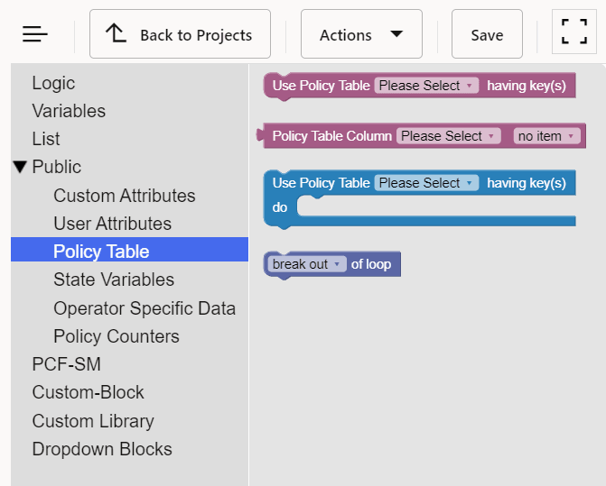 Example of Policy Table Blocks for SM Policy