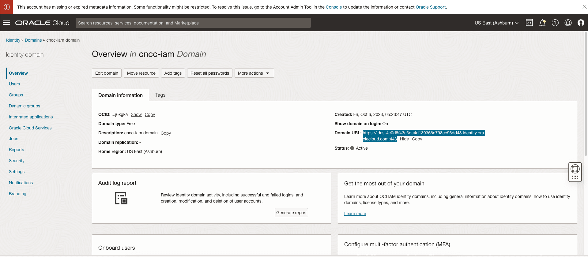 OCI IAM Domain URL