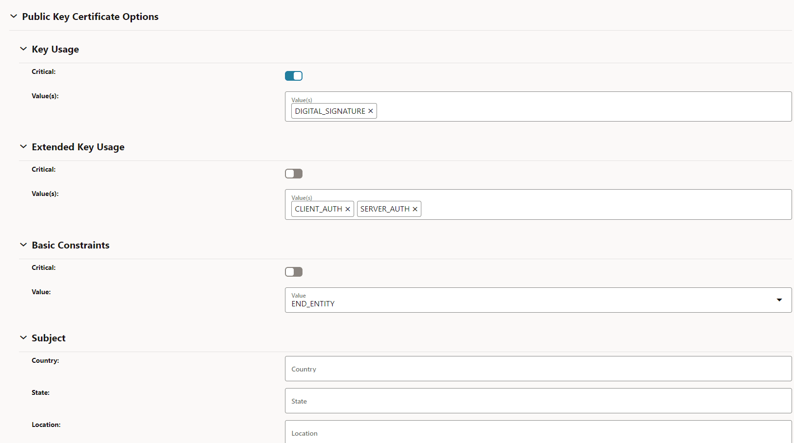 Public Key Certificate Options