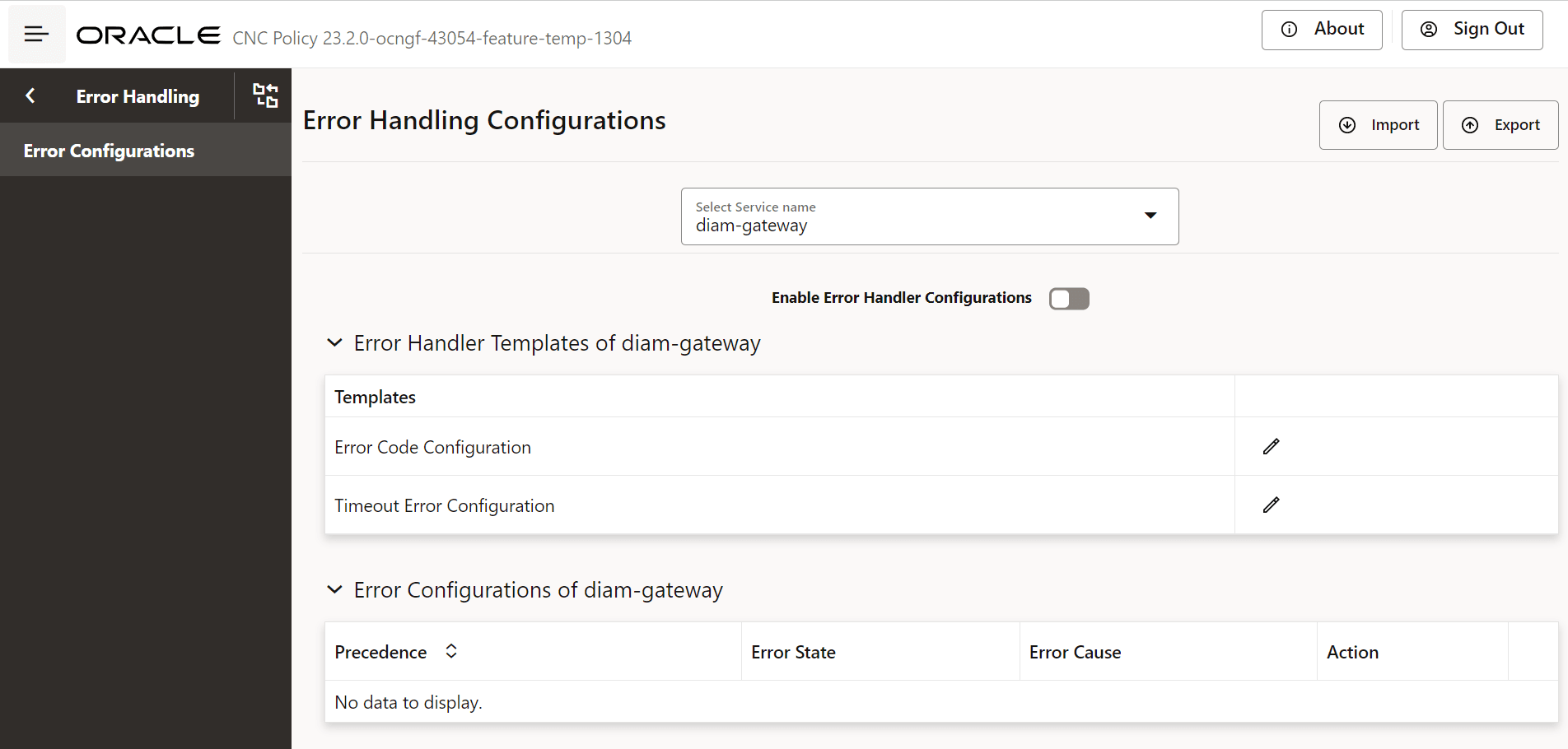 Error Handling Configuration UI