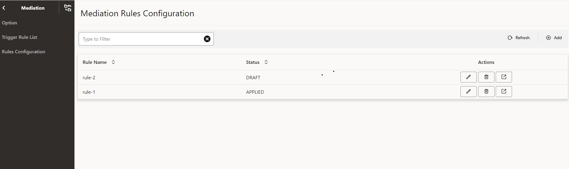 Mediation Rules Configuration Screen