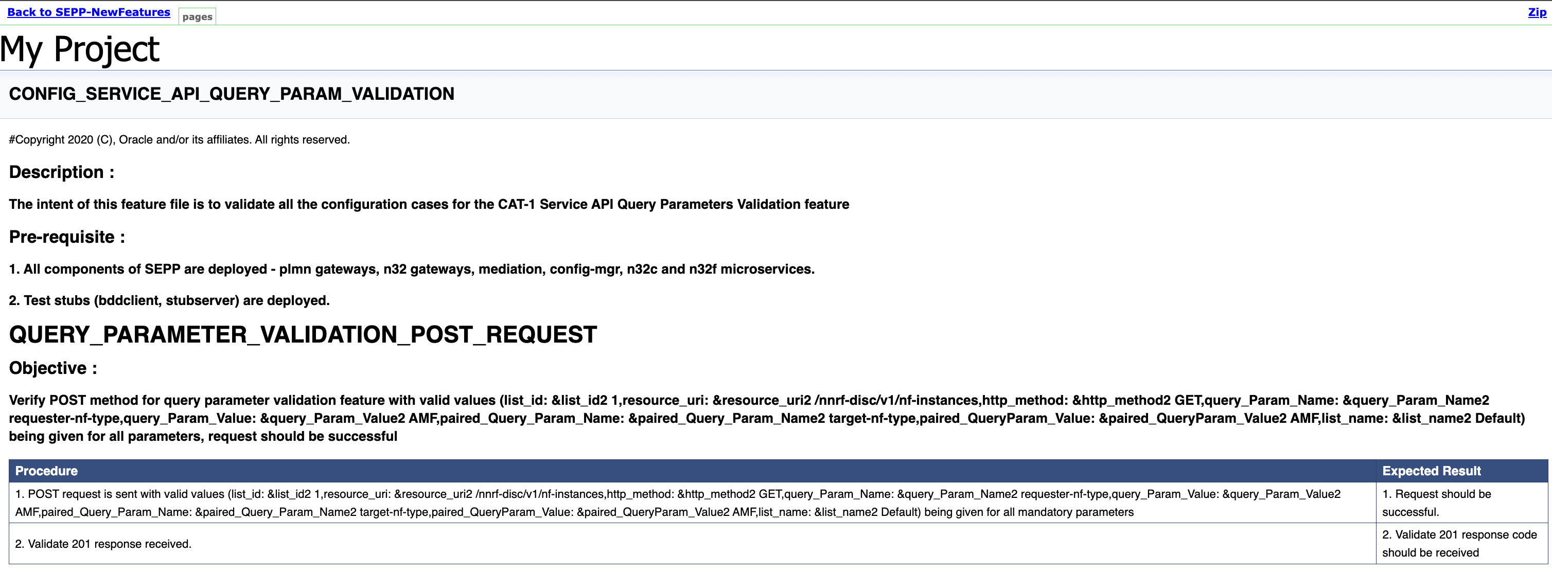 CONFIG_SERVICE_API_QUERY_PARAM_VALIDATION documentation page with description, pre-requisites, and test procedure for query parameter validation POST request.