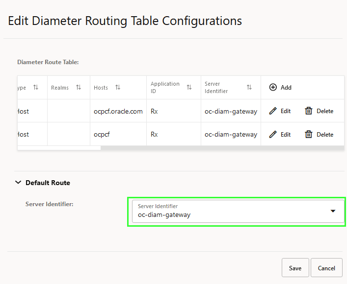 Diamter Routing Table Configurations