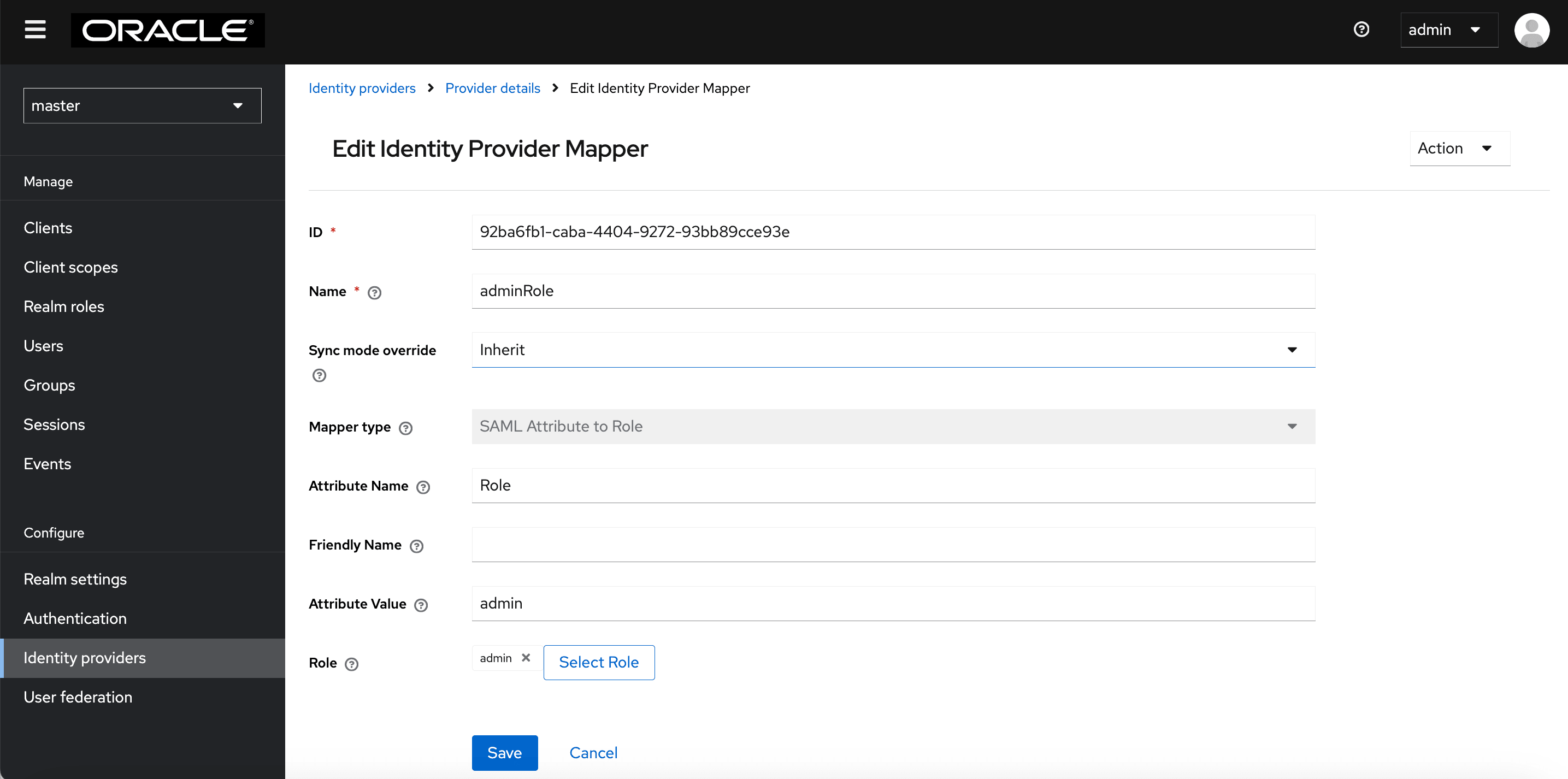 Example Values for admin role mapper for default realm