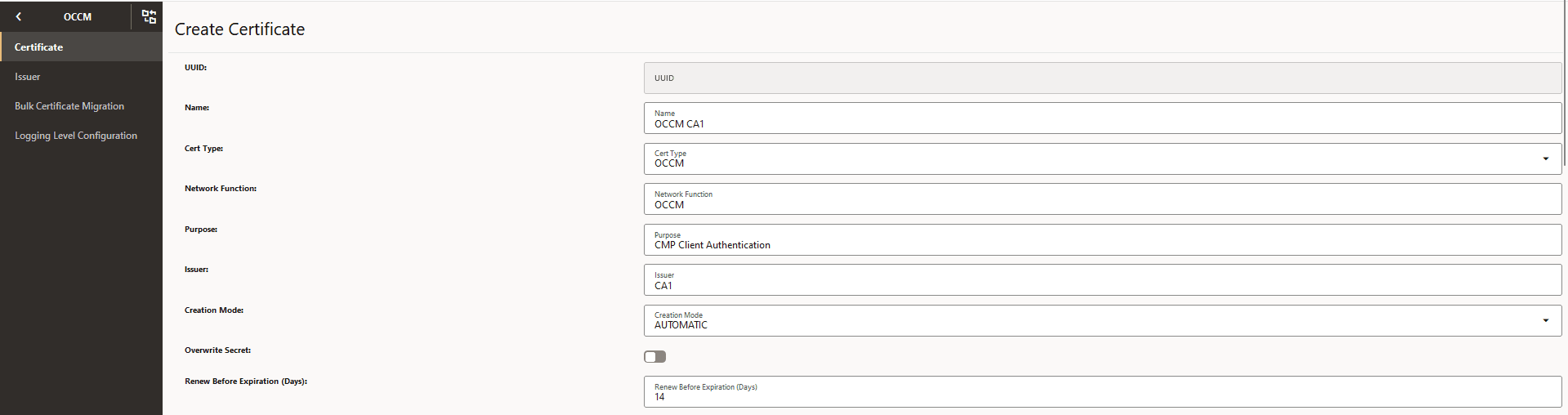Create CMP Identity (OCCM) Certificate