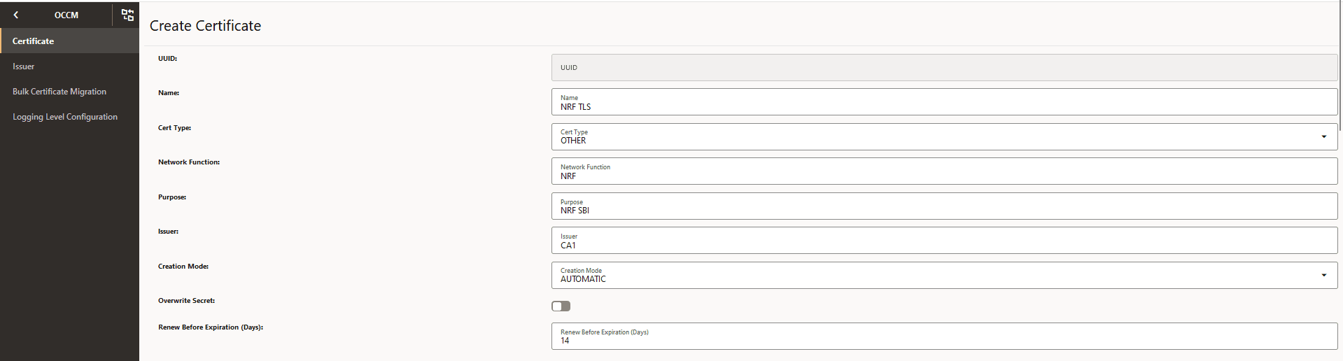 Create End Entity (NF) Certificate