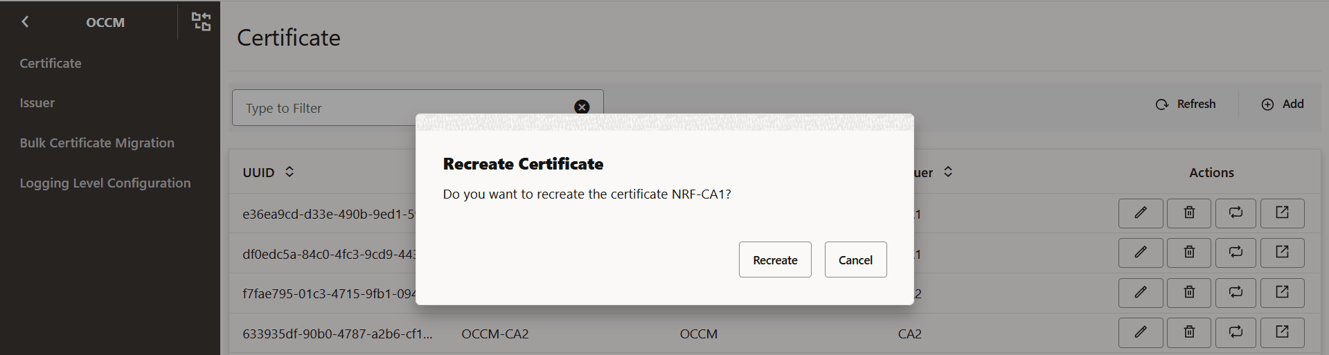 Recreate Certificate Dialog Box