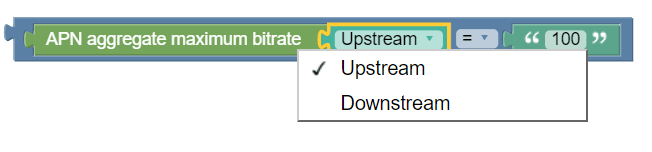 The screen capture displays the sample policy condition, where the requested upstream APN aggregate maximum bitrate is equal to 100. The screen capture displays the sample policy condition, where the requested upstream APN aggregate maximum bitrate is equal to 100.