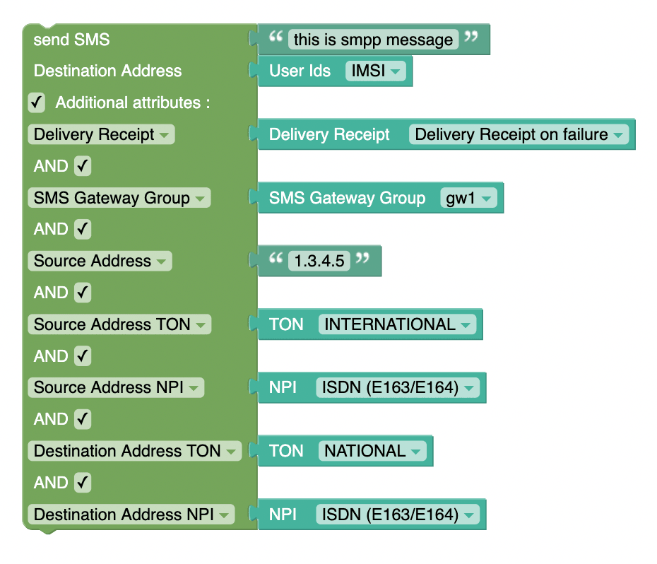 Sample Send SMS blockly configuration