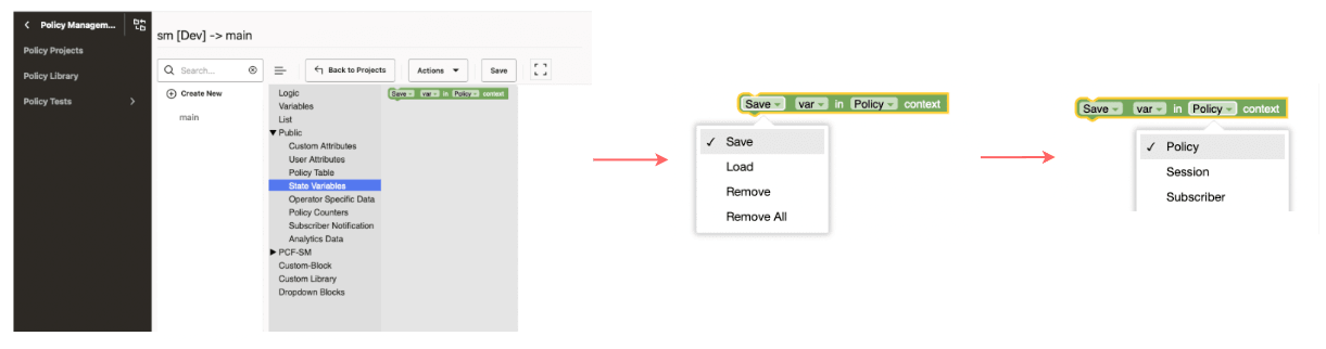 The State Variable section lists the functions (Save, Load, Remove, Remove All) for each of the contexts (Policy, Session, Subscriber).