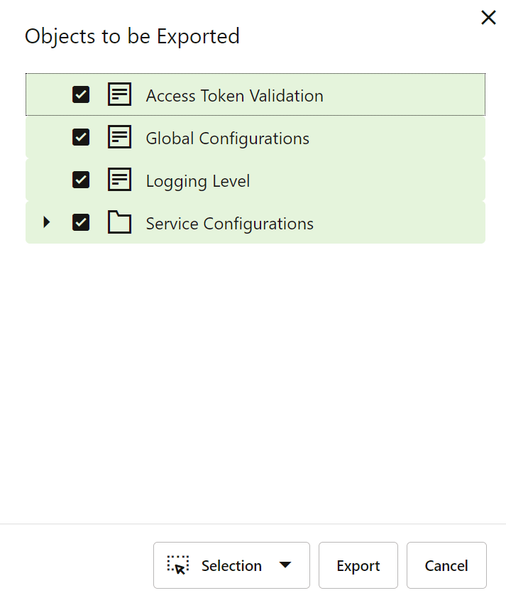 Objects to be Exported Dialog Box
