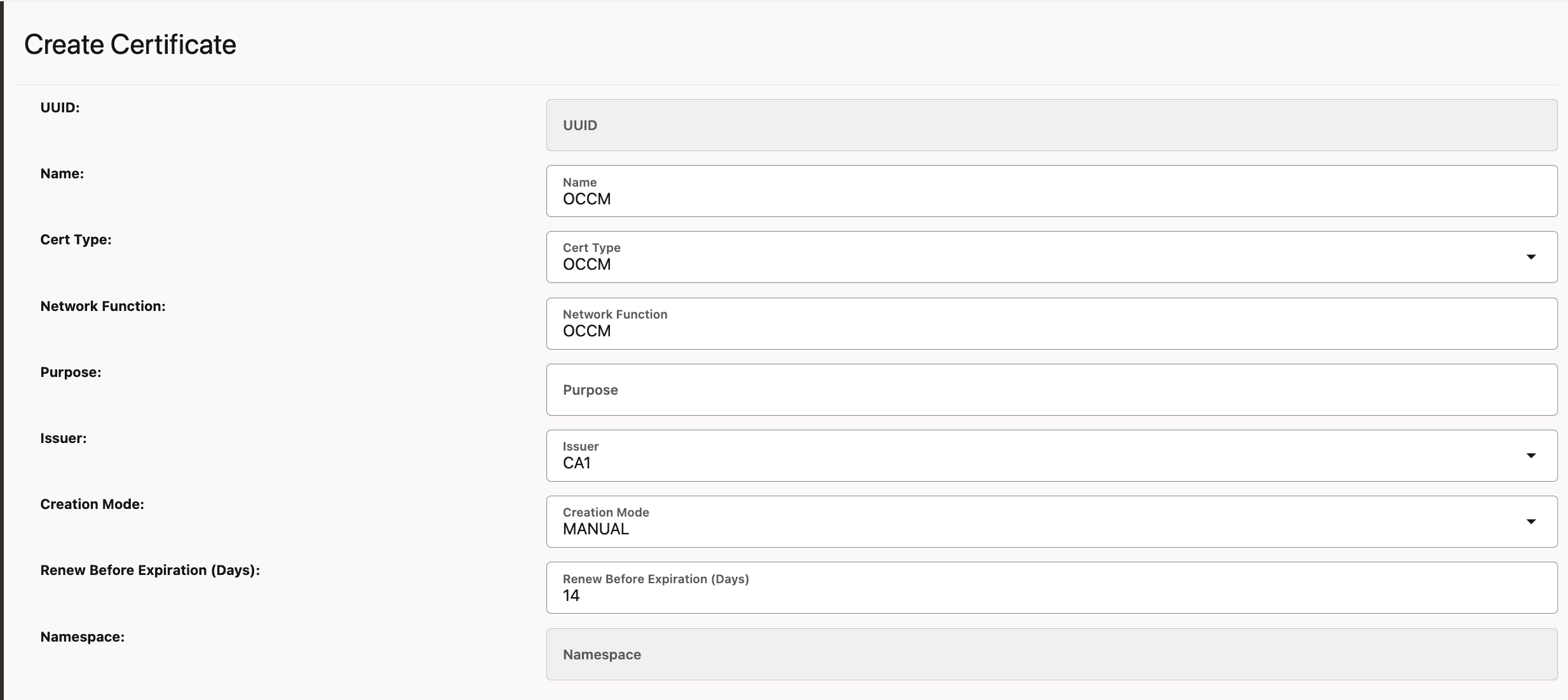 OCCM Certificate Configuration OCCM Certificate Configuration