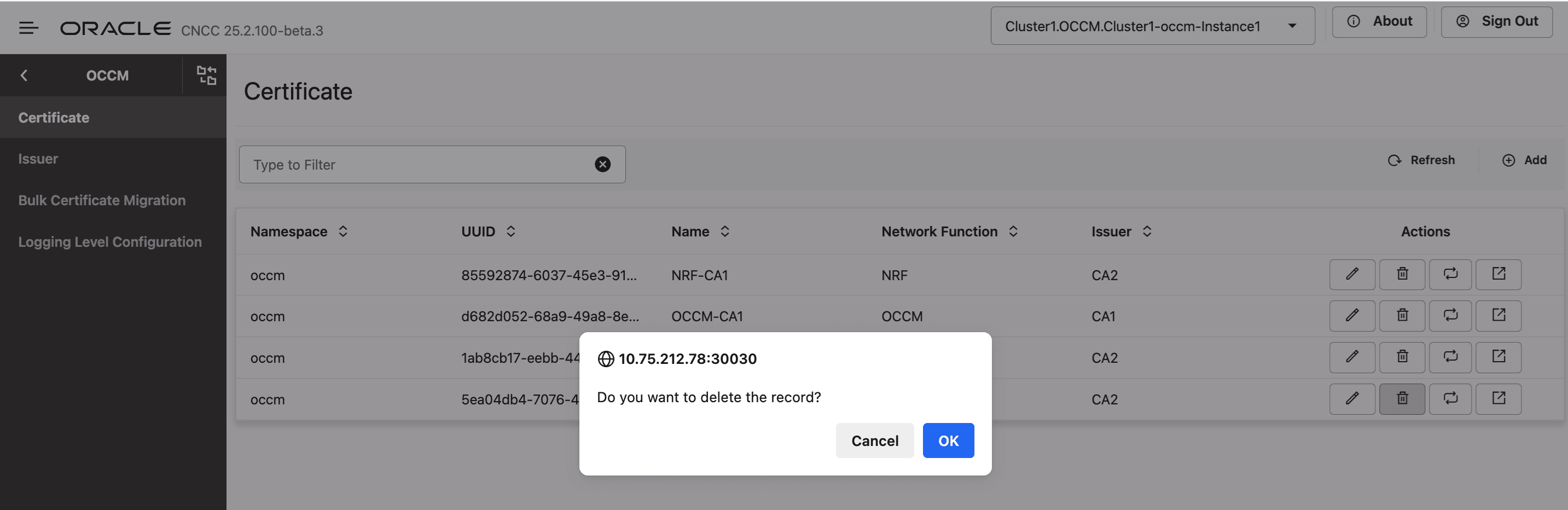 Certificate Delete Certificate Delete