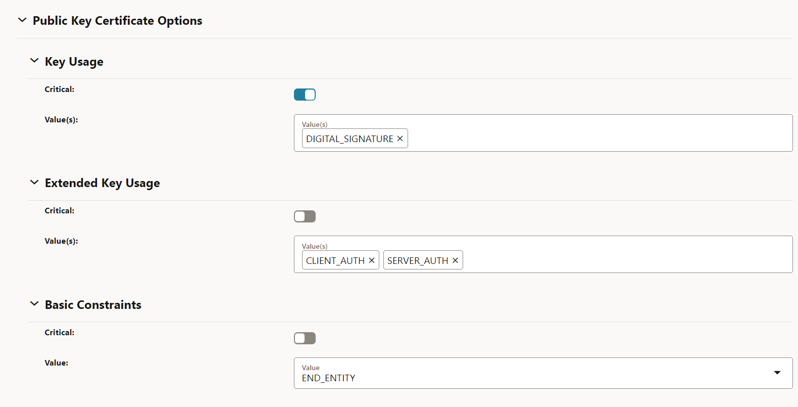 Public Key Certificate Options