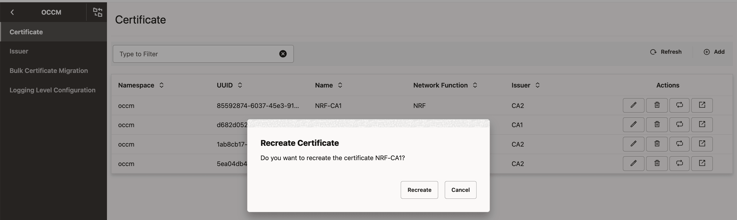 Recreate Certificate Dialog Box Recreate Certificate Dialog Box