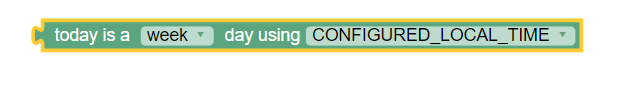 The screen capture shows a sample policy condition, where today is a weekend day using configured local time.