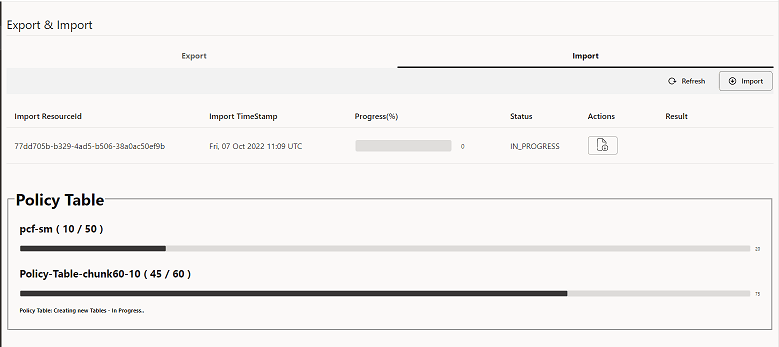 Import UI: Managed Object Type-pcf-sm, Current number-10, Total-50, Progress Message-"Policy Table:Creating new Tables"