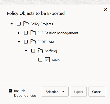 Objects to be Exported dialog box for Exporting Policies