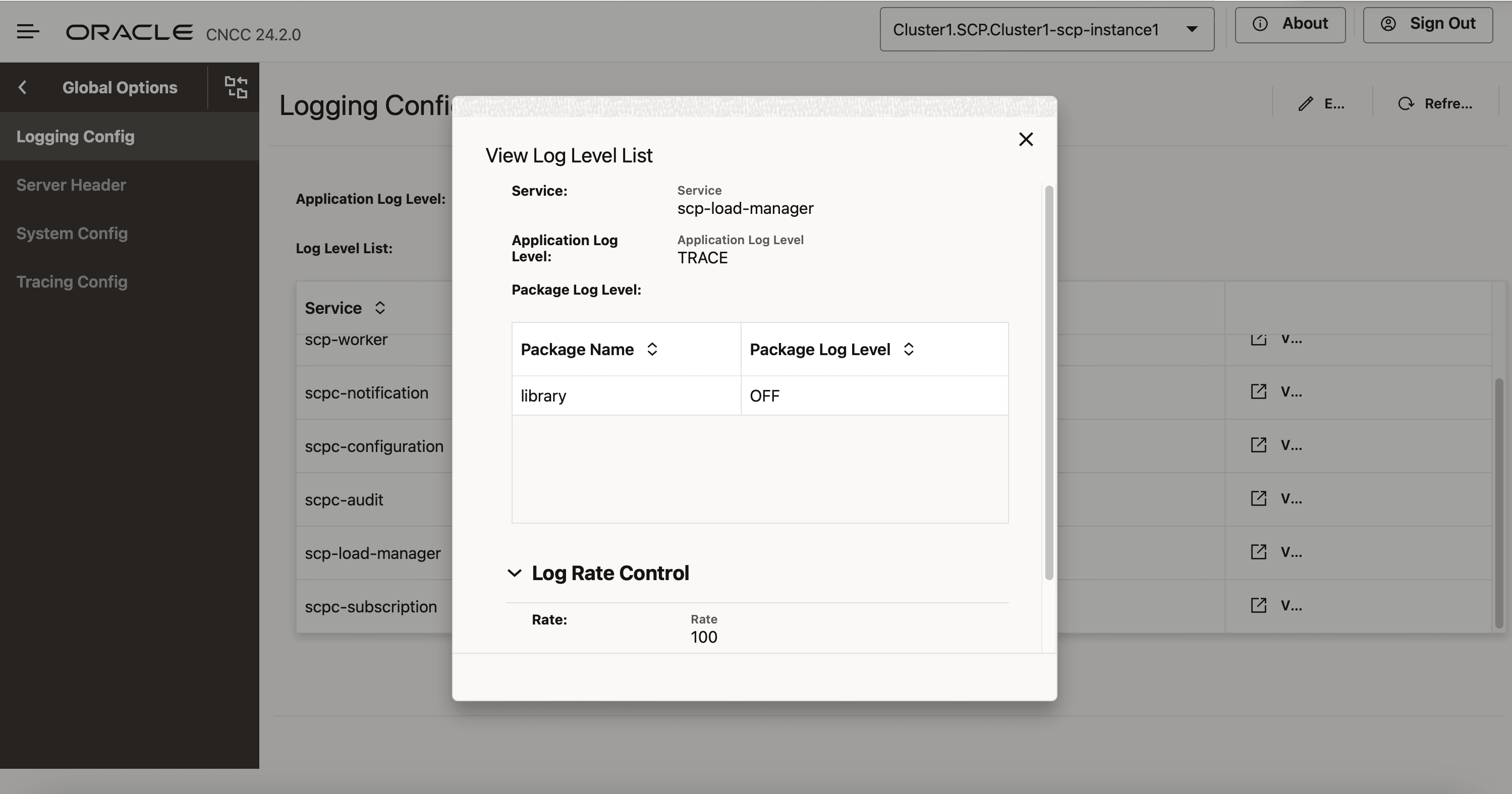 This screen displays the application log level for scp-load-manager microservice.