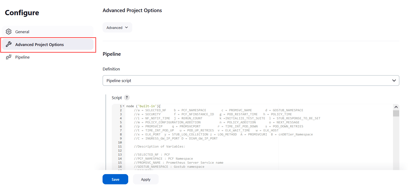 Advanced Project Options