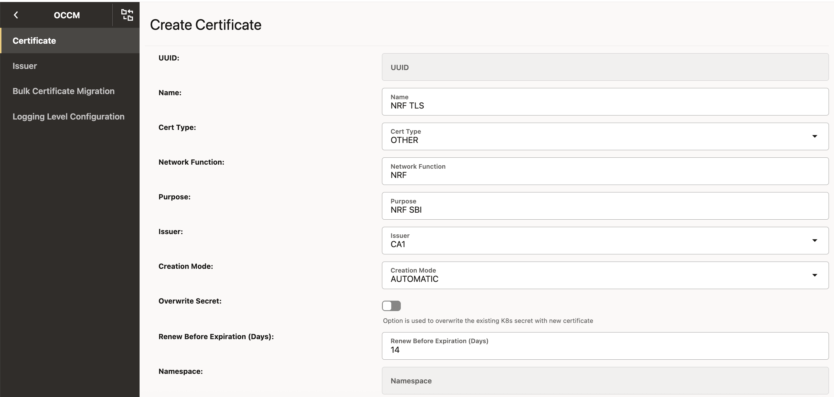 Create End Entity (NF) Certificate Create End Entity (NF) Certificate