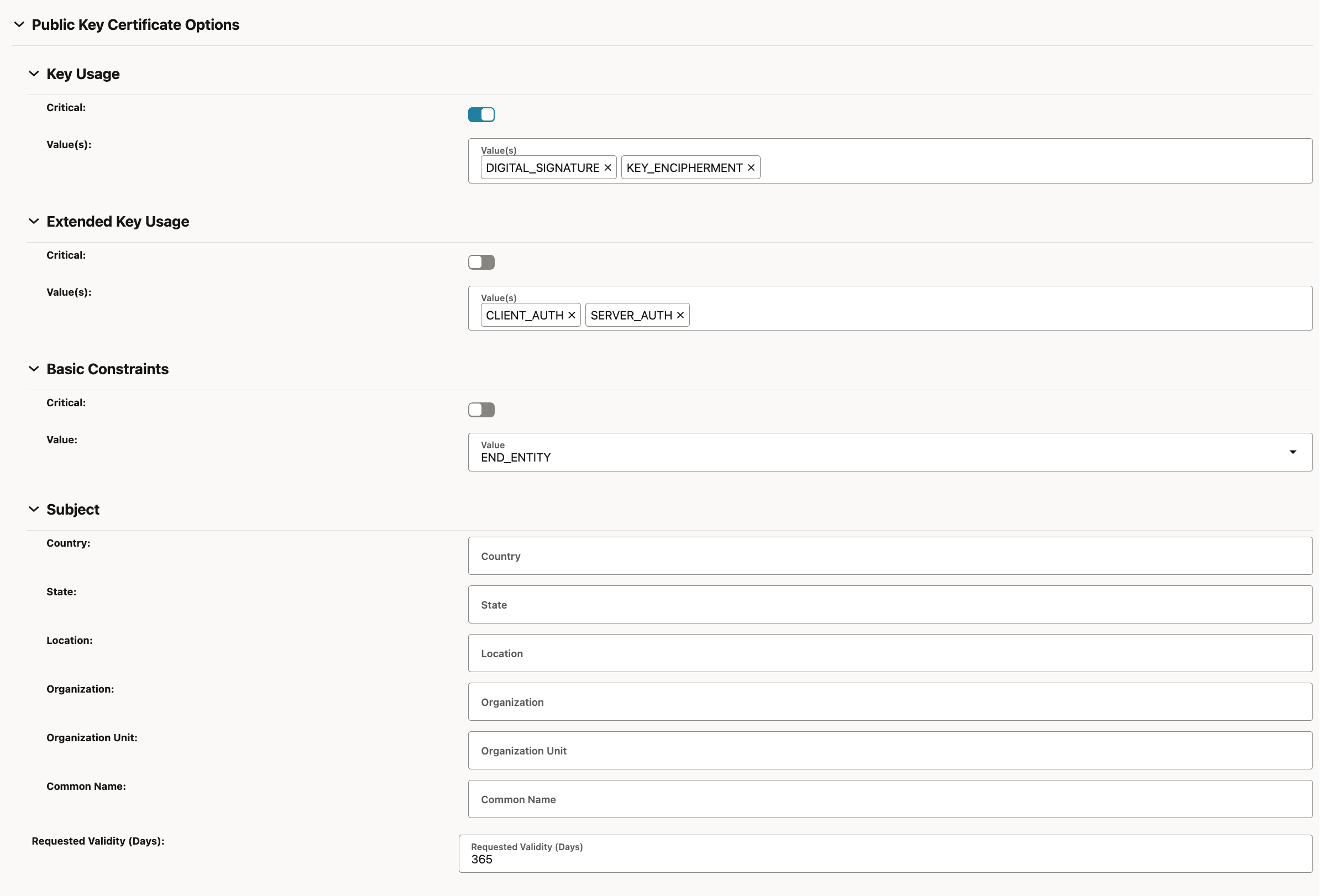 Public Key Certificate Options