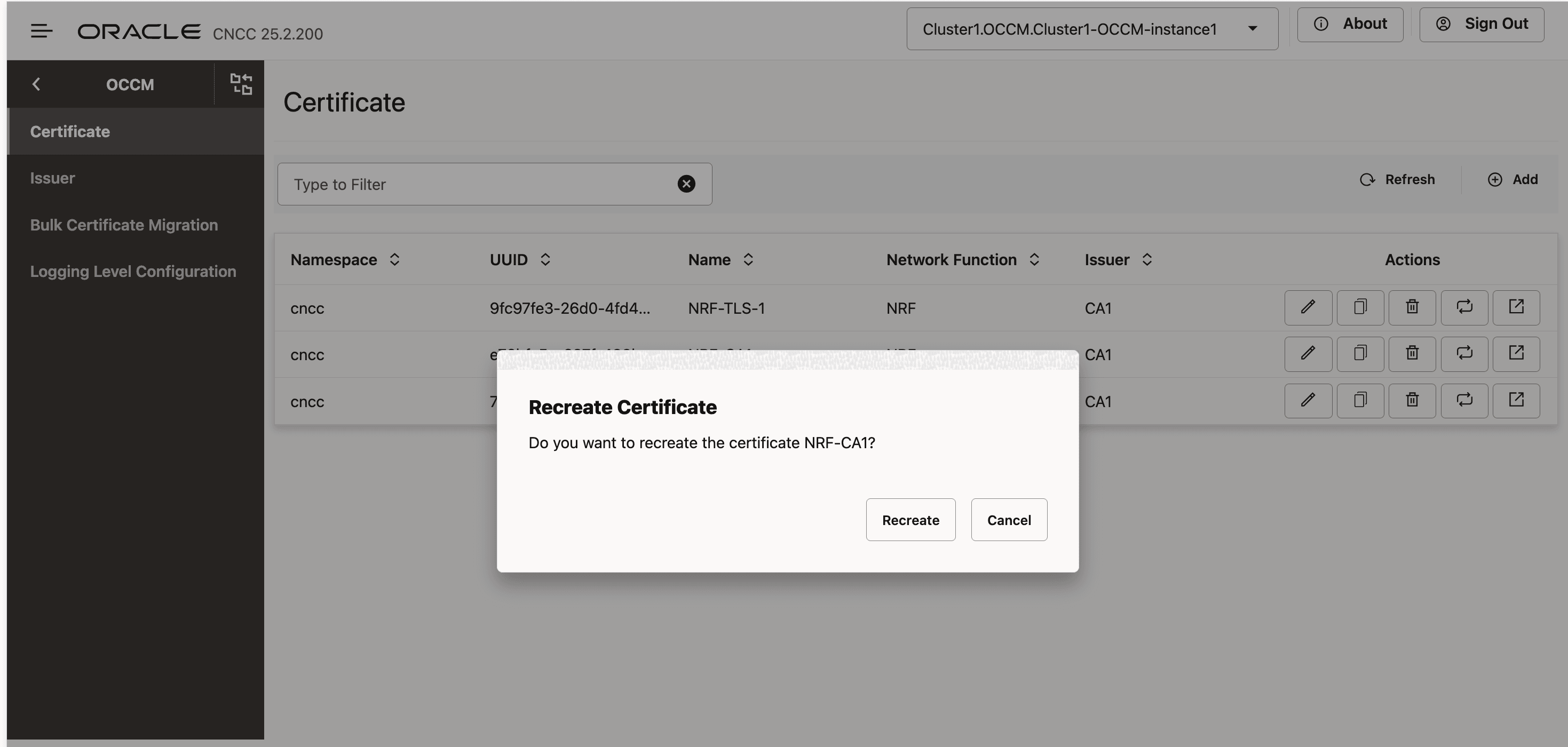 Recreate Certificate Dialog Box