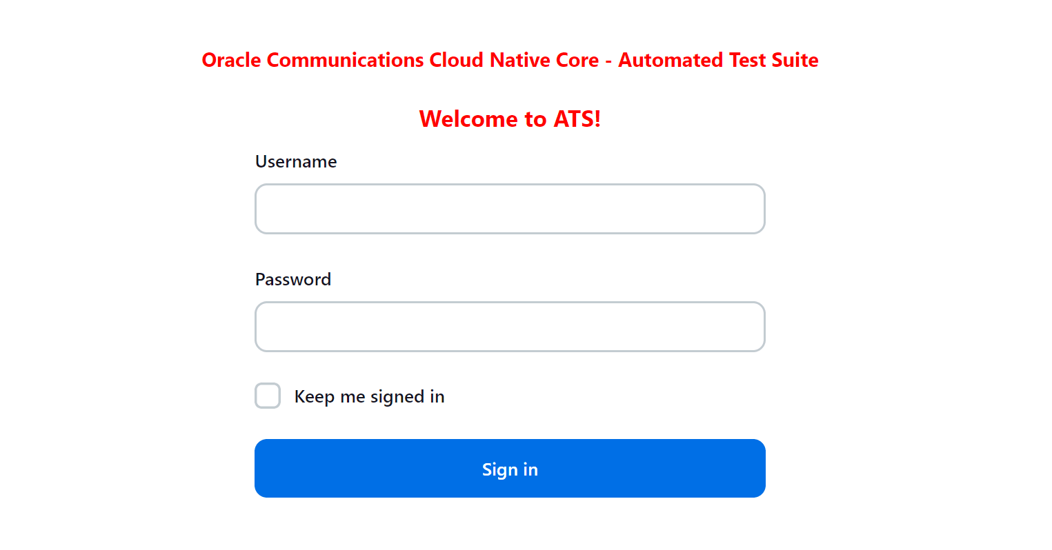 Login page for Oracle Communications Cloud Native Core Automated Test Suite with username and password fields and a sign in button.