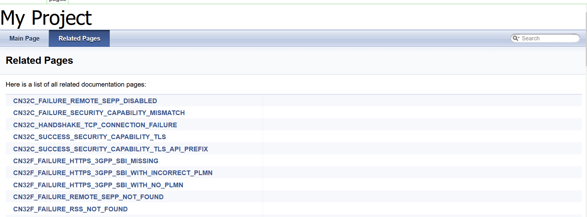 List of related documentation pages under My Project Related Pages tab.