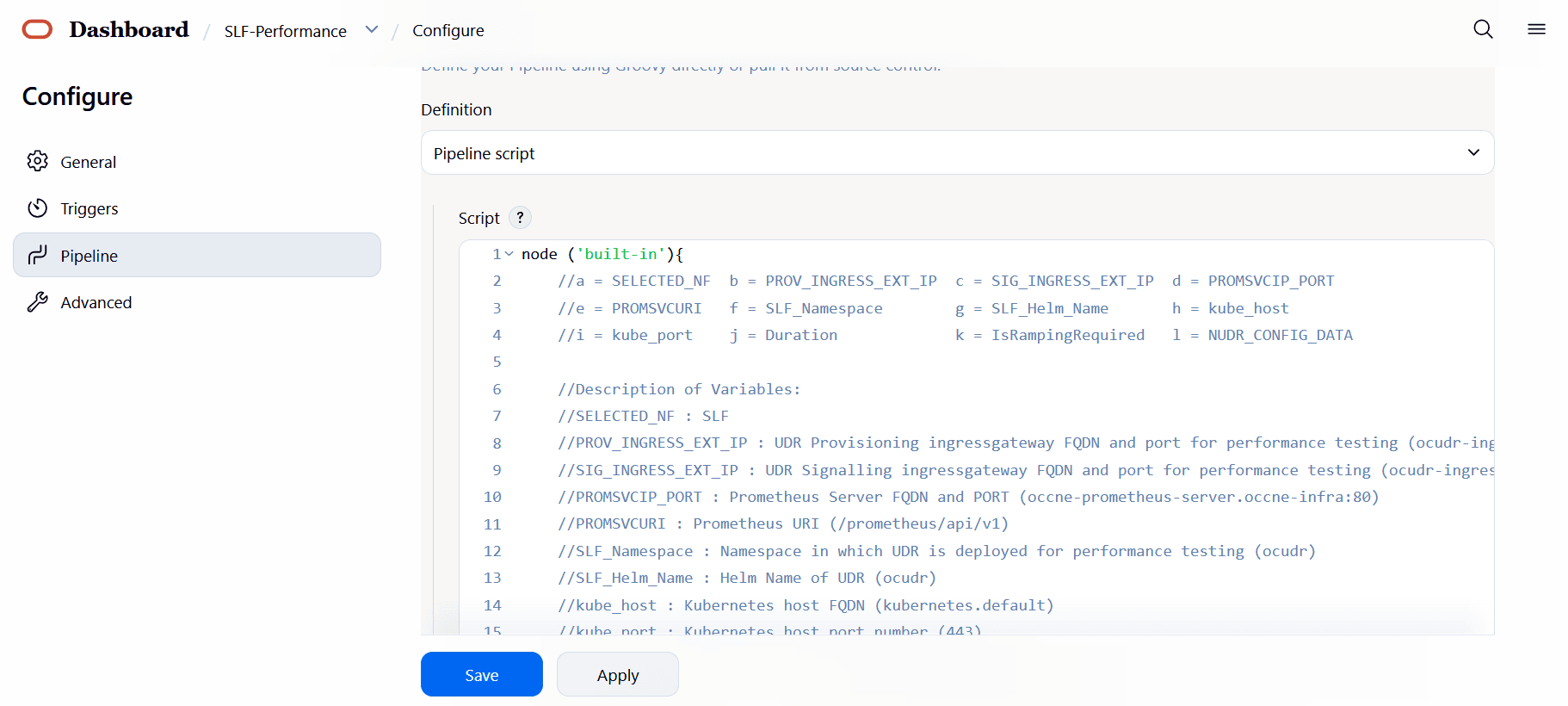 SLF-Performance Pipeline Configuration