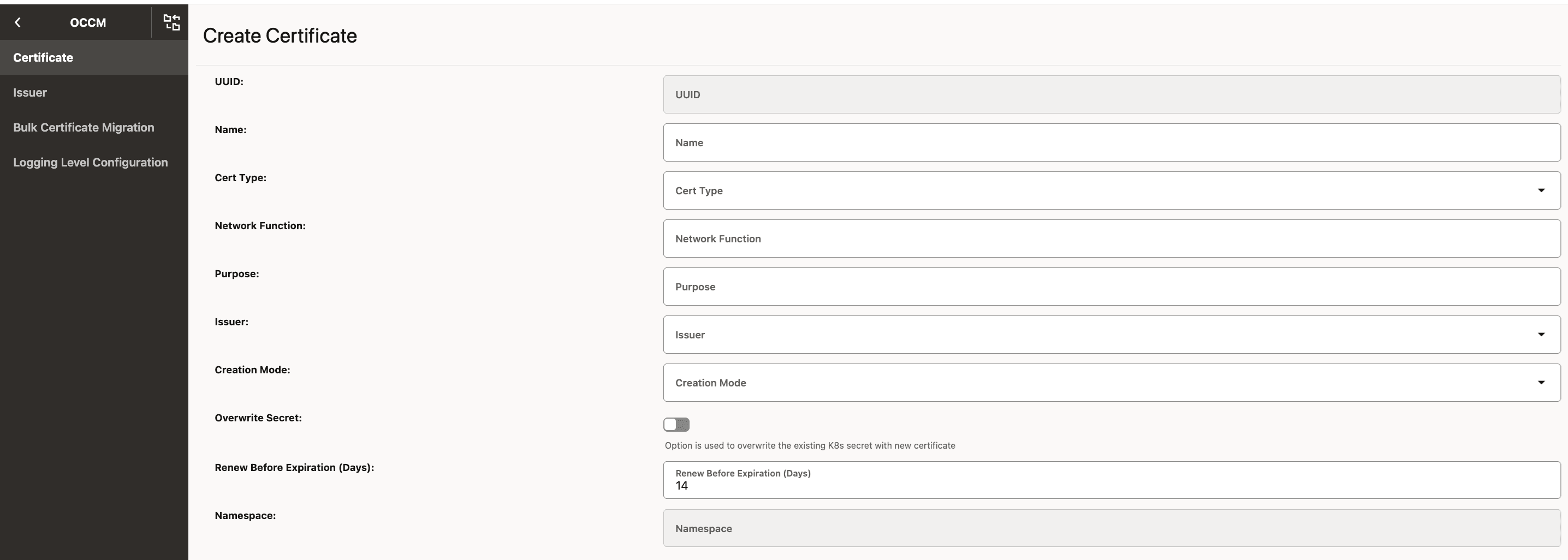 Create OCCM Certificate