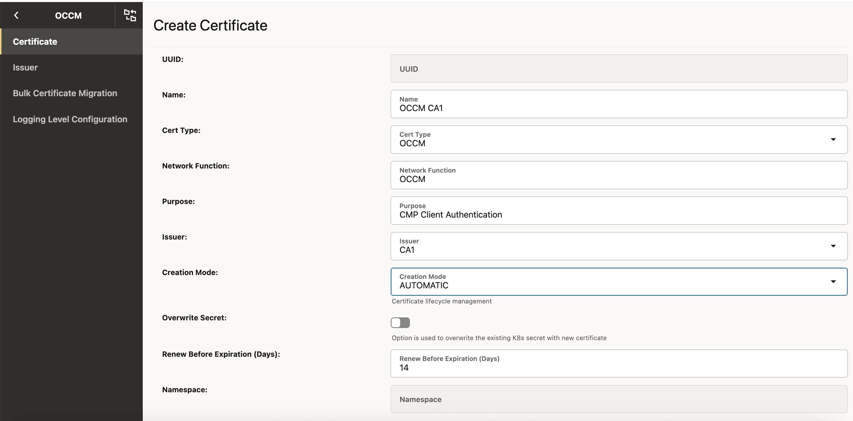 CMP Identity (OCCM) Certificate Configuration using Pre-shared Key