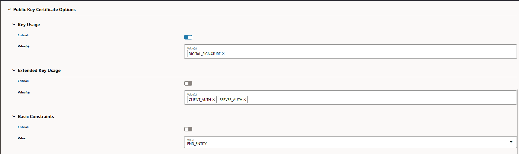 Public Key Certificate Options Public Key Certificate Options